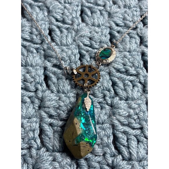 Jewelry - Steampunk Necklace Gear Plastic Pendant Faux Abalone Silvertone 18 inches Long